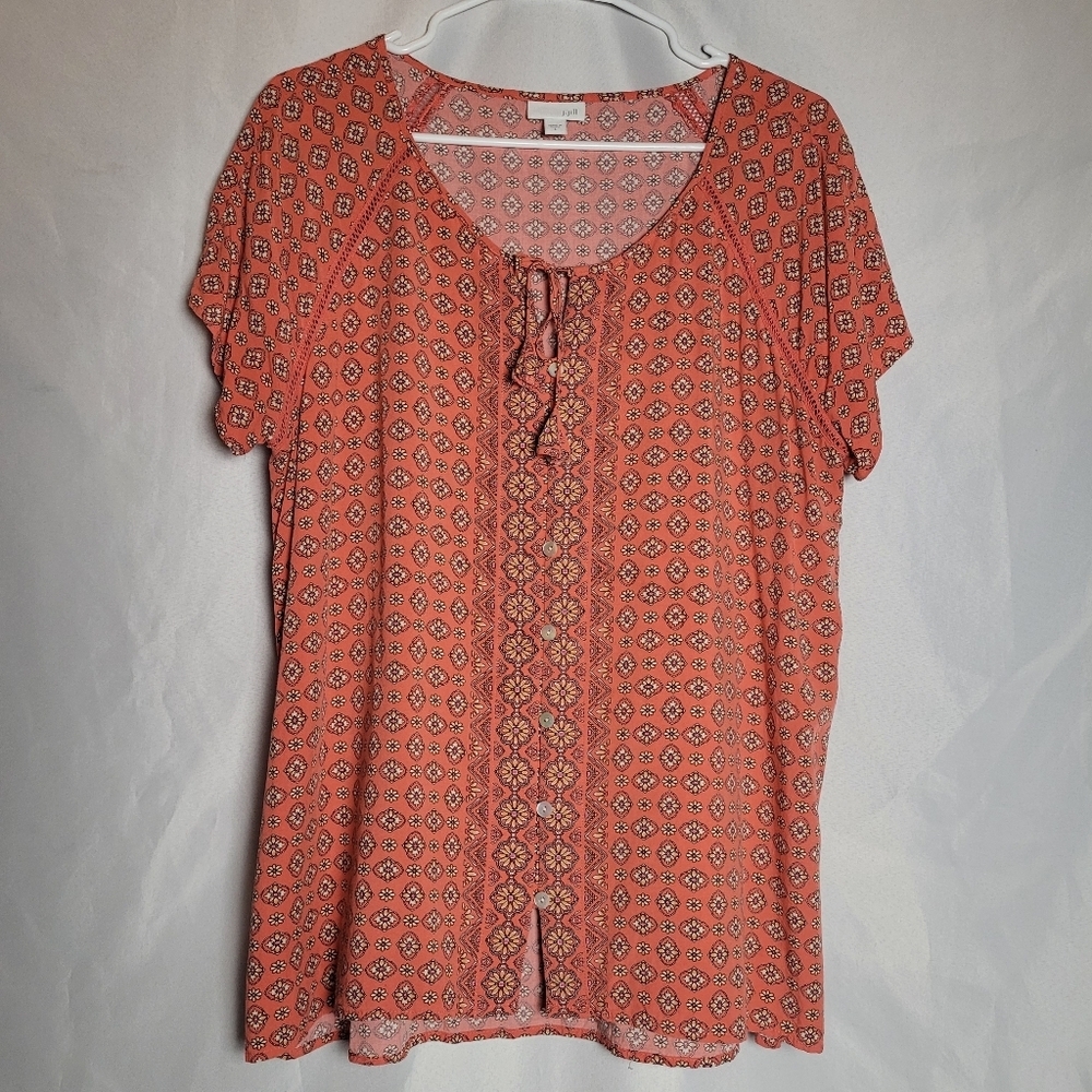 J. Jill Coral Geometric Print Short Sleeve Tie-Front Blouse